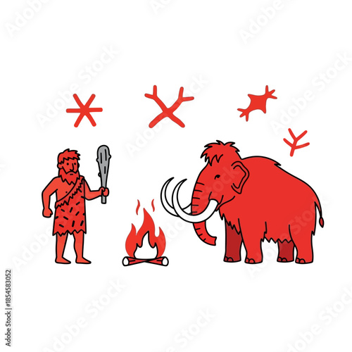 Caveman Hunting Mammoth with Spear by Fire.
