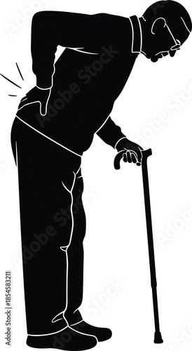 Silhouette of elderly man with cane suffering back pain, aging health problem, senior mobility concept isolated on white background