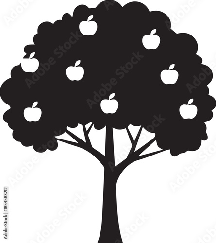 A black silhouette illustration of a bountiful apple tree bearing white fruit on its branches