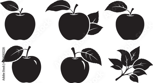 A collection of simple black apple silhouettes with leaves and a detailed branch
