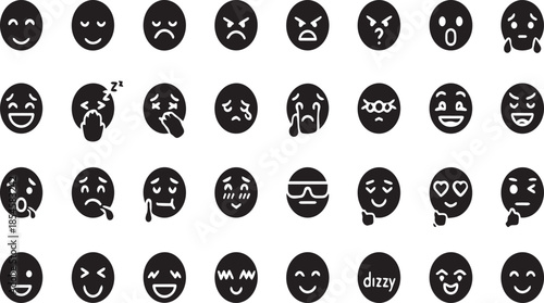 A diverse collection of black and white emoji icons depicting various human emotions and expressions