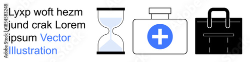 Time management, healthcare, medical supply storage, emergency preparation, productivity, efficiency. an hourglass, first aid kit and briefcase. Healthcare and time management concept