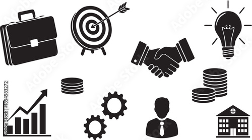 A comprehensive collection of business and success icons depicting strategy, finance, and professional growth
