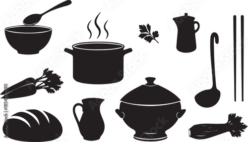 Kitchenware and fresh ingredients silhouette collection for culinary design and cooking concepts