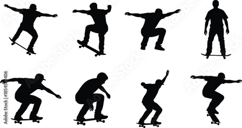 Set of black silhouettes featuring skateboarders in various action poses like jumping grinding and cruising isolated on a white background