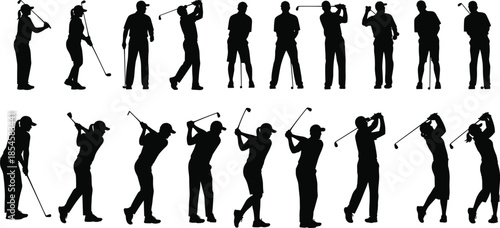 Large collection of black golf silhouettes featuring men and women golfers in various action poses like swinging and putting on white background