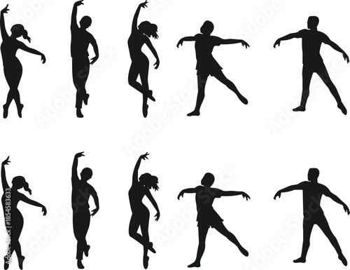 Ballet dancer silhouette poses, elegant movement, black figure art, choreography illustration, graceful posture, CAD streetwear flat vector illustration