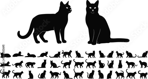 Black cat silhouettes, feline posture variety, sitting walking stretching poses, pet sketch collection, CAD streetwear flat vector illustration