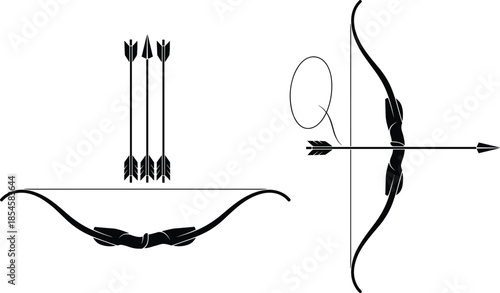 WebCAD archery vector illustration, bow and arrow silhouettes, hunting gear icons, precision sport design, black graphic elements