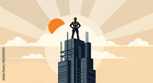A confident businessperson standing on top of a skyscraper with hands on hips, looking out at a sunrise or sunset with clouds and sun rays in the background.