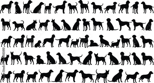 Dog breed silhouettes, diverse canine poses, black figure collection, pet variety illustration, posture sketch, CAD streetwear flat vector illustration