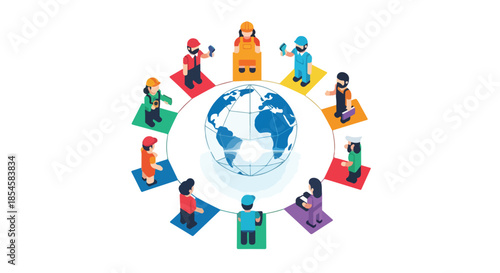 Illustration of diverse people sitting on colored blocks around a blue globe on a white background with a flat lay composition.