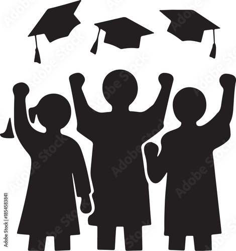 Graduation ceremony black silhouette, group of graduates celebrating