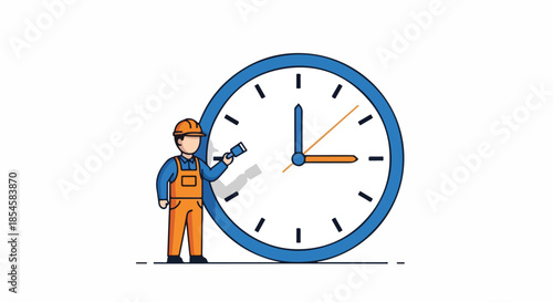 A worker in orange overalls holds a tool next to a large blue clock with a white face on a plain background.