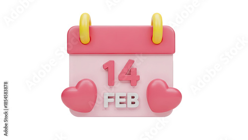 3D Calendar Icon for February 14th Valentine's Day on transparent background