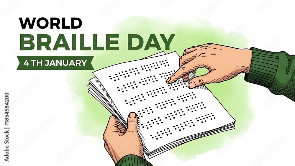 Fototapeta premium World Braille Day illustration showing hands reading a document with raised dots.
