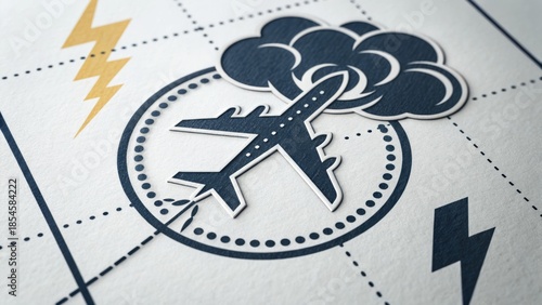 Global travel disruption concept with airplane storm cloud and lightning symbolizing unexpected delays and challenges