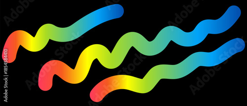 A colorful illustration of three wavy lines in a gradient of rainbow colors, including red, orange, yellow, green, and blue, set against a solid black background
