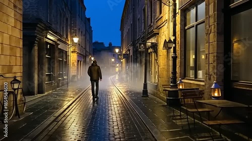 A lone figure walks down a cobblestone street at dusk.