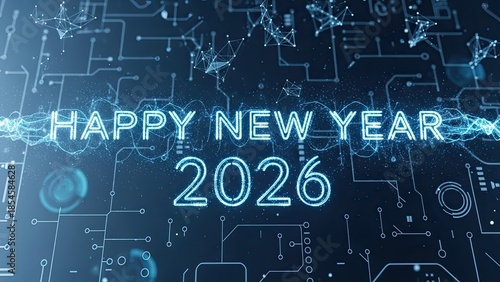 Happy new year 2026, futuristic circuit board background with neon lights, glowing blue lines and nodes, technology and innovation concept