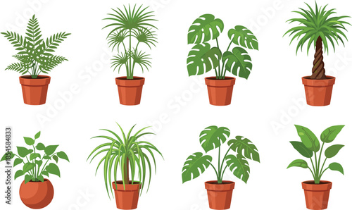 Set of potted indoor houseplants illustration showcasing tropical greenery, botanical variety, home decor inspiration, modern interior design, and natural lifestyle
