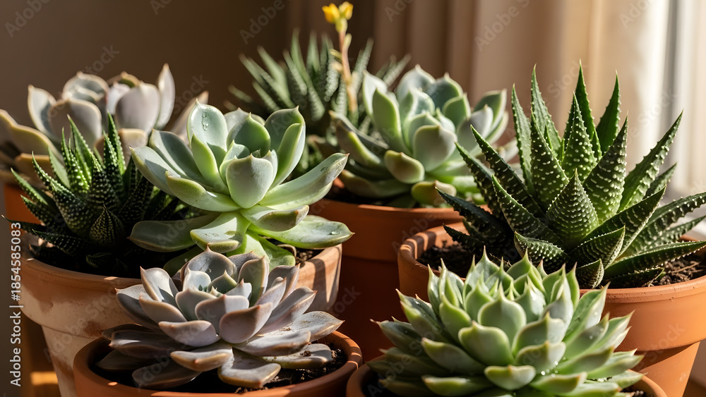 Fototapeta premium Group of various potted succulent plants thriving in warm sunlight on a windowsill.