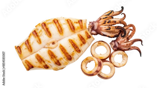 Grilled squid isolated on transparent background PNG, delicious seafood with tentacles and rings for restaurant menu and culinary design