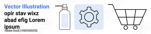 Hand sanitizer bottle with pump, gear symbol in blue square, and shopping cart. Ideal for healthcare, innovation, retail, e-commerce, shopping, product development simple landing page