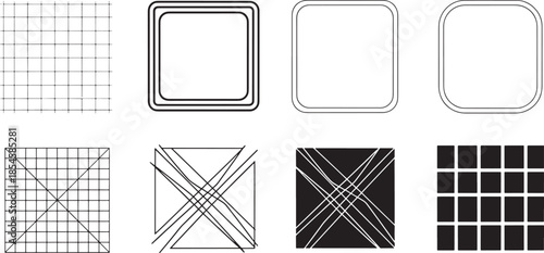 Abstract product icon design grid and geometric shape collection showing layout systems frames and construction guides for modern UI UX branding and interface design projects