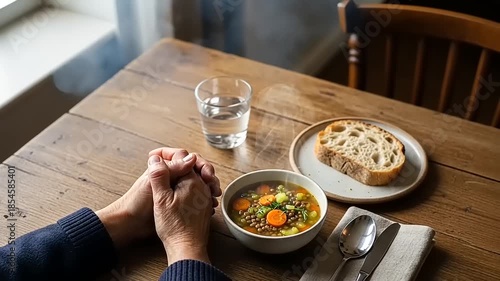 Person praying before eating a hearty vegetable soup and bread.