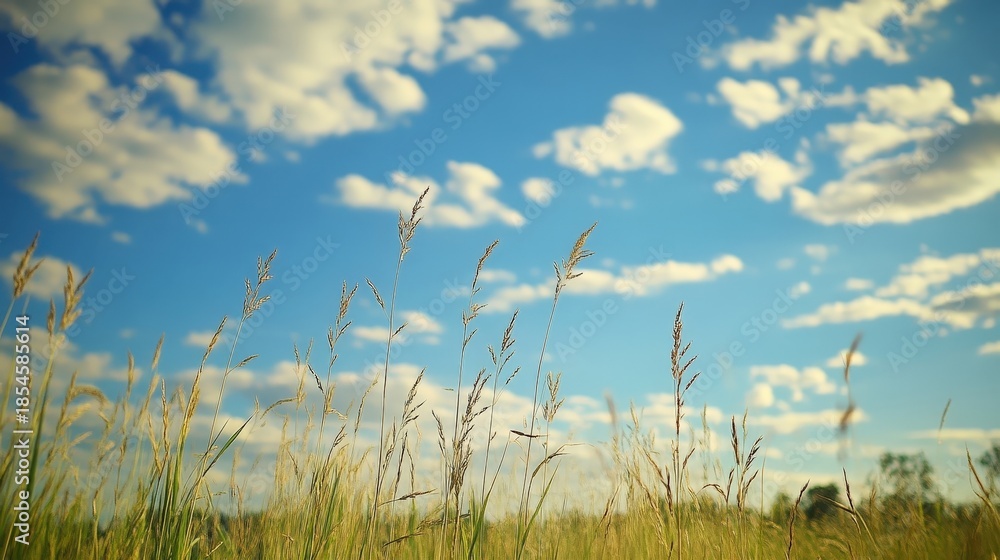 Fototapeta premium A serene landscape with tall grass swaying gently under a bright blue sky filled with fluffy white clouds.