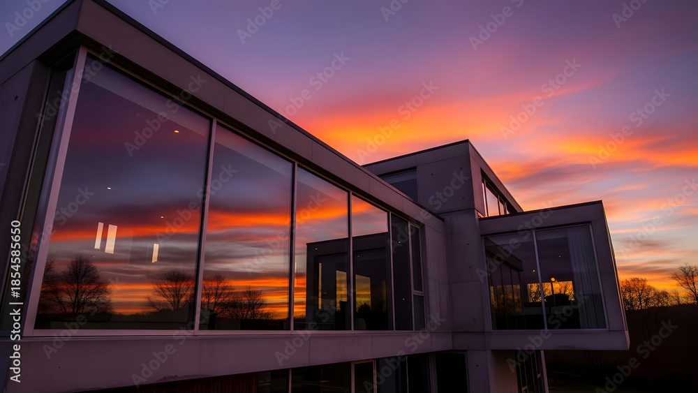 Obraz premium Modern architectural building with large glass windows reflecting a dramatic orange and purple sunset sky.