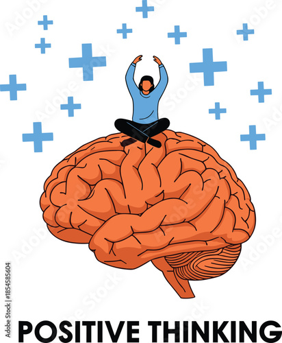 Positive thinking concept illustration with meditating person sitting on human brain symbolizing mental health, mindfulness, motivation, and emotional well being