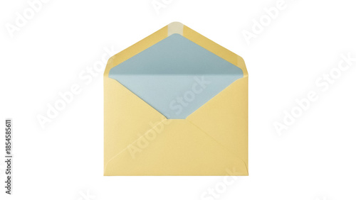 Open yellow envelope PNG isolated on transparent background, stationery for sending letters and invitations, communication and correspondence