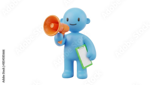 Blue cartoon character with megaphone and clipboard isolated PNG, 3D rendering of a cute figure for marketing and communication