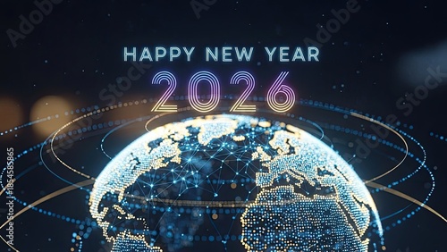 Happy new year 2026 celebration with glowing globe and digital rings on dark background with futuristic lighting effects