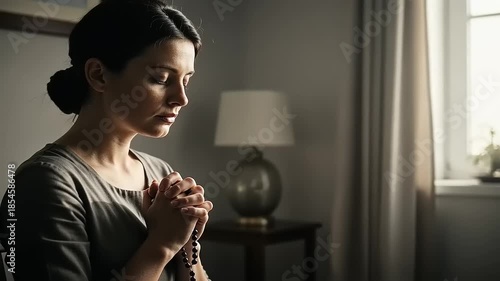 Young Woman Praying with Rosary Beads in a Dimly Lit Room.