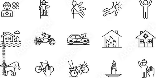 Set of black line icons depicting accidents, insurance claims, house fire, flood, car crash, injury, falling, and safety warning signs.