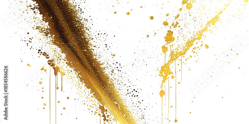 Abstract Gold Dust Burst & Shimmering Glitter Spray With Elegant Horizontal Particle Trail on White. Minimalist Luxury Design for Festive Branding, Events & Premium Visuals.
