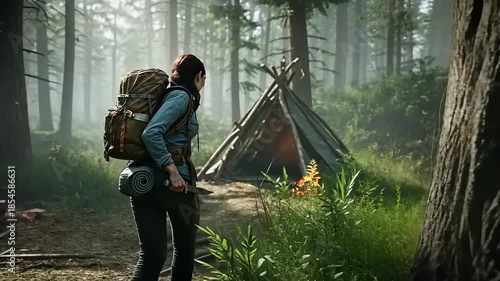 Young Woman Survivor in Forest Camp with Tent and Fire.