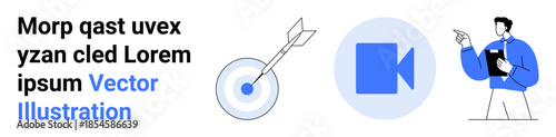 Business strategy, communication, success goals, professional guidance, digital media, teamwork. A target hit by an arrow, video icon and a professional figure pointing. Business strategy