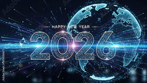 Happy new year 2026 global celebration with futuristic digital earth background and sparkling light trails