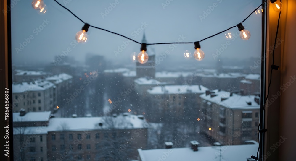 Fototapeta premium Cozy winter cityscape with snow covered buildings and string lights