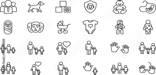 Vector line icons set representing family, babies, childcare, parents, pets, love, protection, pregnancy, toys, stroller, and happy human life moments.