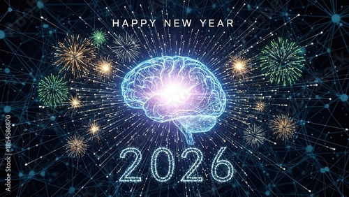 Happy new year 2026 glowing brain with fireworks exploding in the background, representing innovation and celebration
