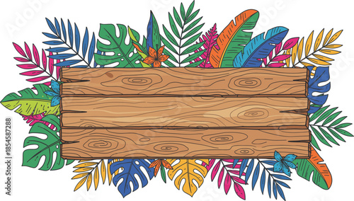 Tropical wooden sign board with exotic colorful palm leaves, monstera foliage, jungle summer banner background, blank rustic wood plank illustration, floral frame.