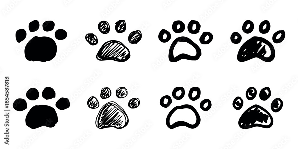 Fototapeta premium Set of hand drawn cute cat's paw Cat, dog, animal footprint in doodle style Single element for print, web, design, decor, greeting cards, children's prints