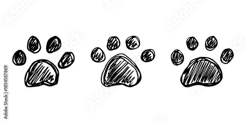 Set of hand drawn cute cat's paw Cat, dog, animal footprint in doodle style Single element for print, web, design, decor, greeting cards, children's prints