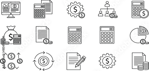 Finance and accounting line icons set including calculator, money bag, investment, business document, budget planning, payroll, and tax vector symbols.