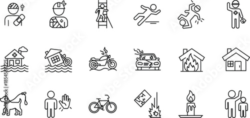 Set of line icons depicting accidents, insurance claims, injury, flood, fire, car crash, risk, safety, danger, warning, and emergency protection.
